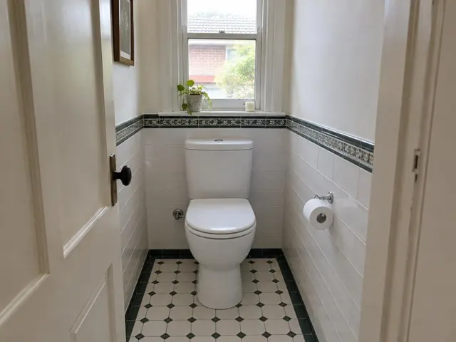Clean white toilet in a tiled small bathroom with a window and patterned floor in Marsfield