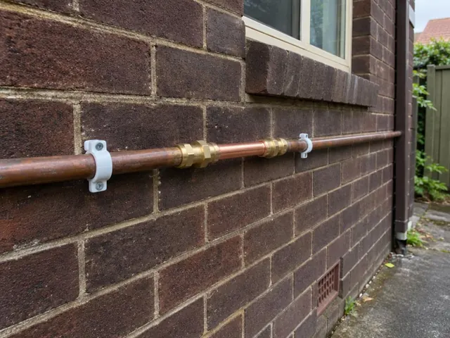 Copper water pipe repair on a brick exterior wall beside a window in Eastwood